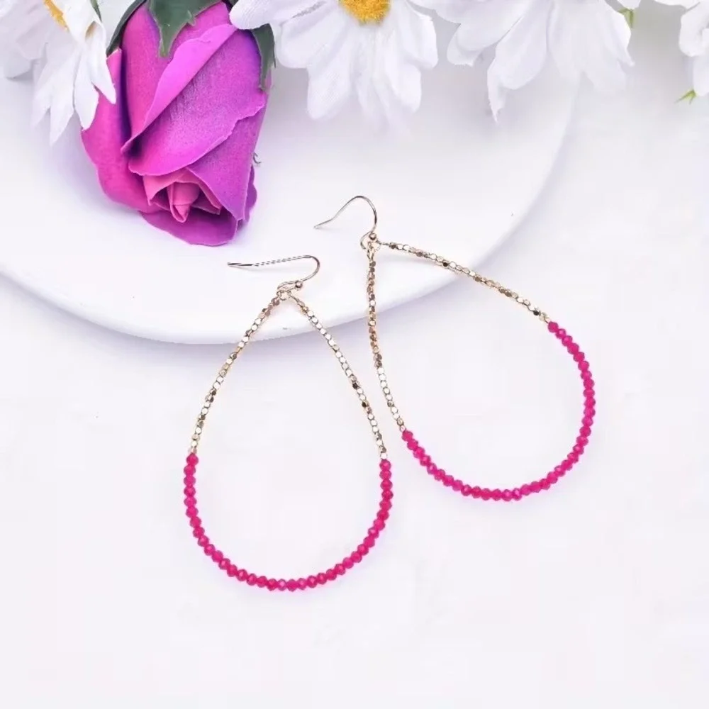 Hot Pink Beaded Teardrop Hoop Earrings Gold Tone Boho Dangle 2.36 Inch